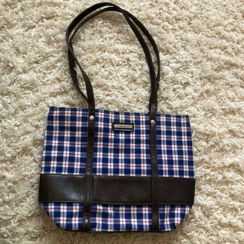 Vintage Longaberger Homestead Blue Plaid Canvas Tote Bag
